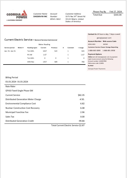 USA Georgia Power business utility bill template in Word and PDF formats, fully editable
